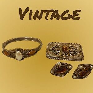 Vintage 3pc Edwardian Style Gold Brooch, Bracelet, & Earrings Set. Amber& Pearl.